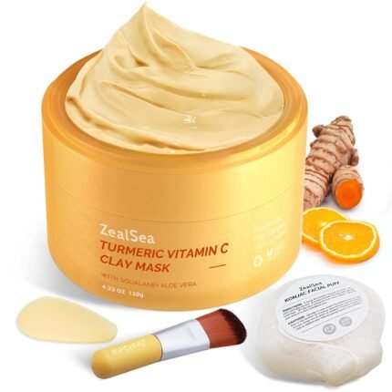 ZealSea 4.23 oz Turmeric Clay Mask with 50% Organic Aloe for Dark Spots, pimple Minimizer, cleansing Pores, Face Mask Skin Care with Vitamin C Sensitive Skin – Includes Brush and Konjac Facial Sponges