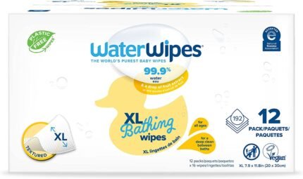 WaterWipes Plastic-Free, Rinse-Free, XL Bathing Wipes, 99.9% Water Based Wipes, Unscented & Hypoallergenic for Sensitive Skin, 192 Count (12 packs), Packaging May Vary